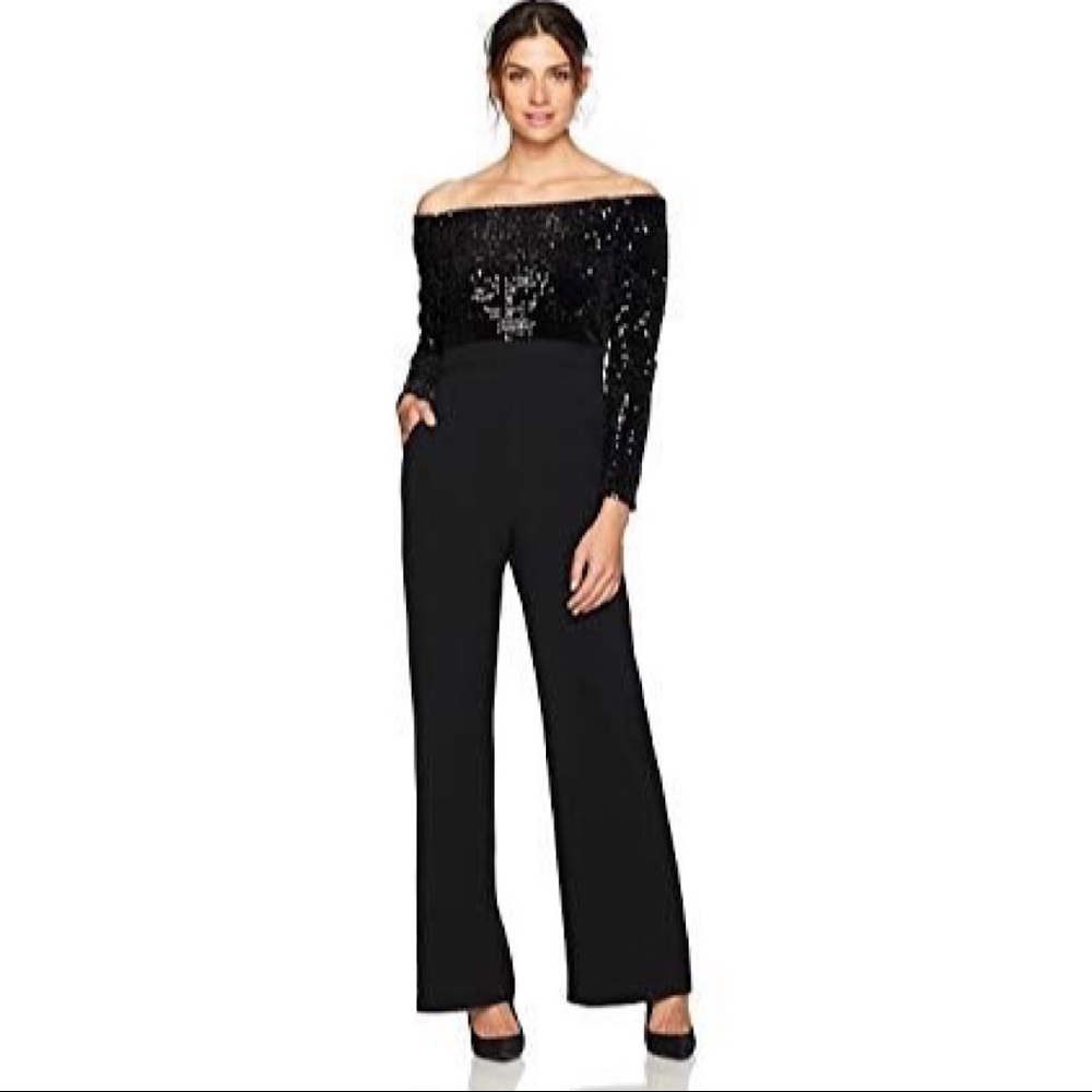 Eliza J Black Off-Shoulder Sequin Jumpsuit